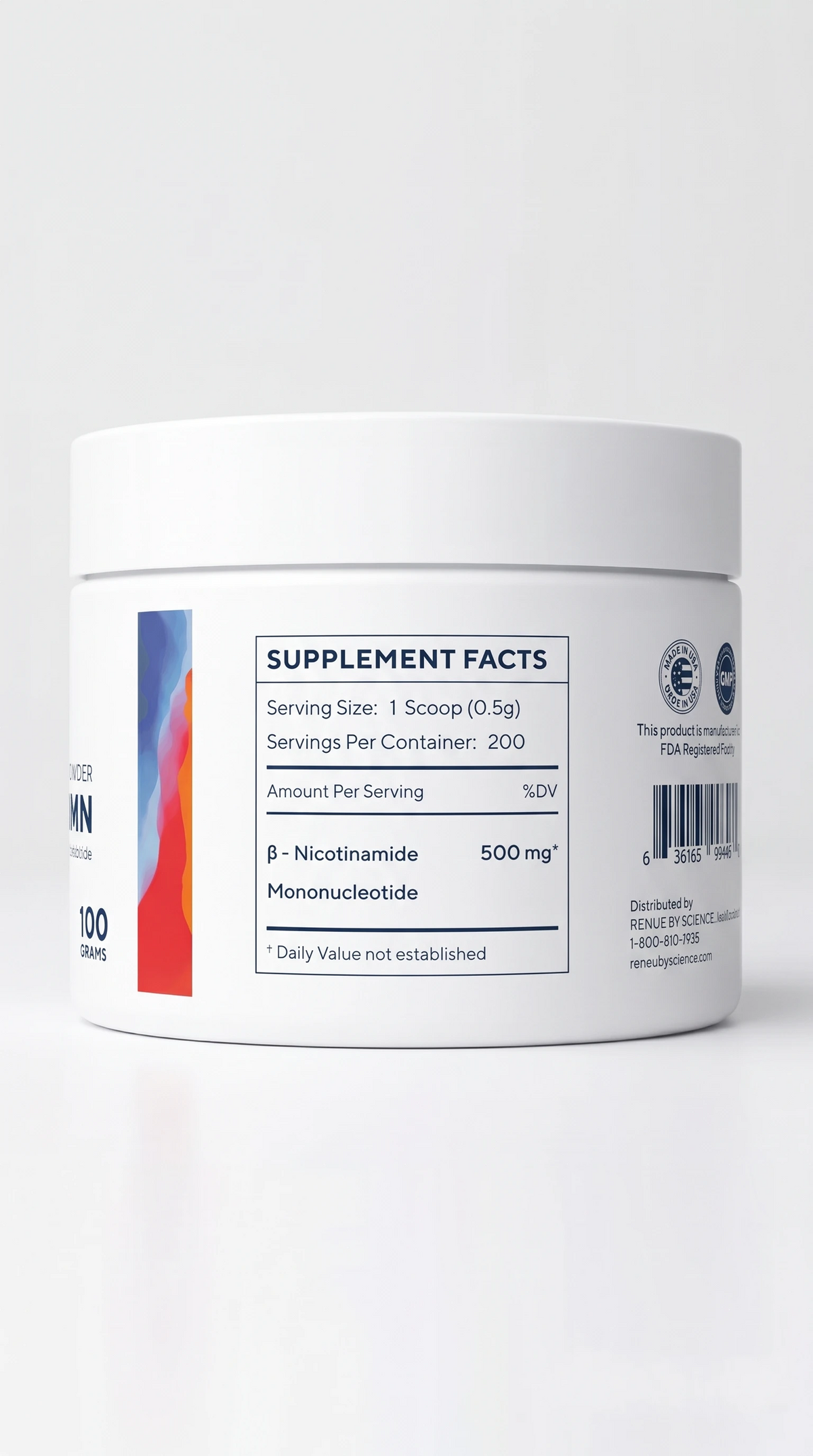 Outback Origins Pure NMN Powder jar, full back label and supplement facts panel