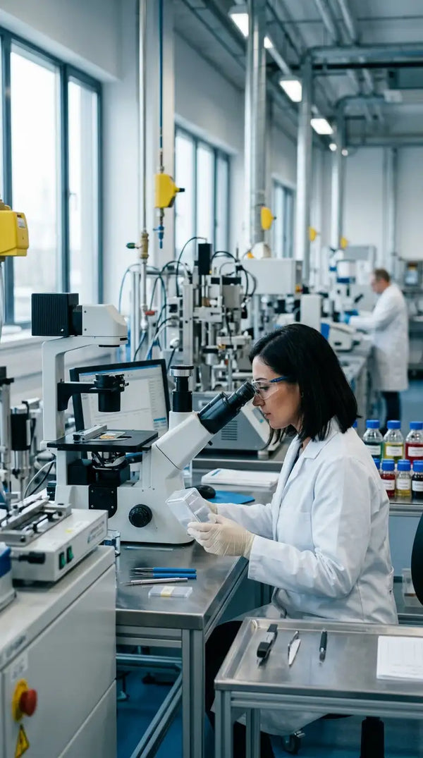 A woman in a white lab coat and gloves uses a microscope in a modern laboratory setting, with other scientists and equipment visible in the background. extended tested facilities