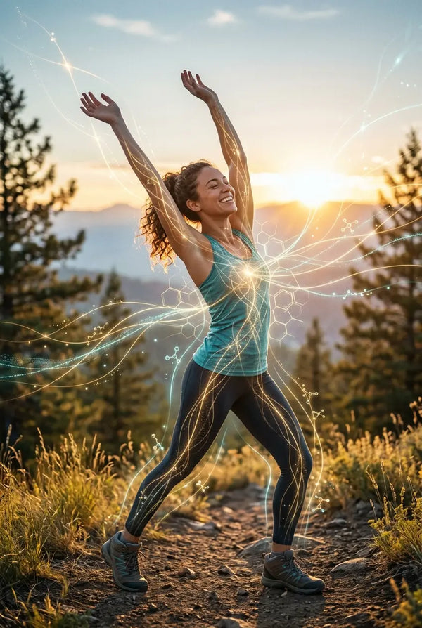 A woman in athletic wear poses in a mountain meadow at sunset with glowing light effects around her body. She wears a teal tank top, dark leggings, and hiking shoes, with trees and a sunlit sky in the background.