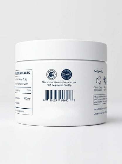 Outback Origins NMN Powder jar label with directions and serving information