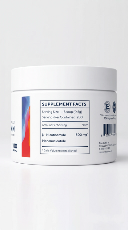 Outback Origins Pure NMN Powder jar, full back label and supplement facts panel