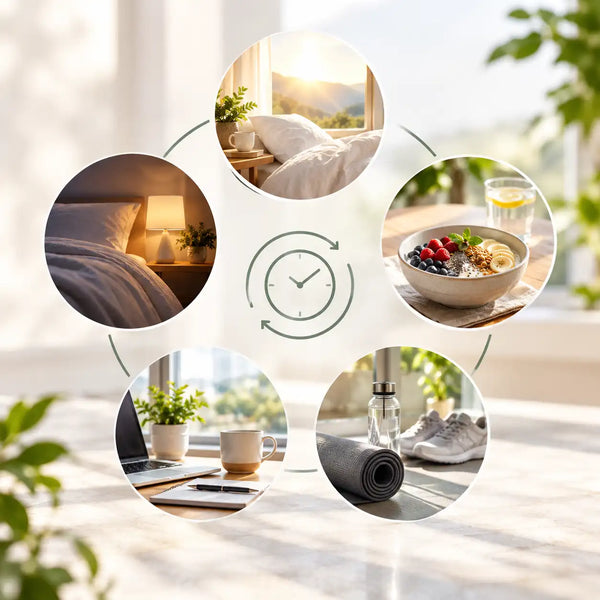A lifestyle graphic showing five circular scenes arranged in a circle around a central clock icon: a bedroom at night, a sunlit bedroom window, a bowl of fruit and yogurt, a desk with a laptop and mug, and a rolled yoga mat with sneakers on a sunlit floor. The scene is bright and airy with soft-focus plants and windows in the background. The idea is the routine that you follow on a daily basis.